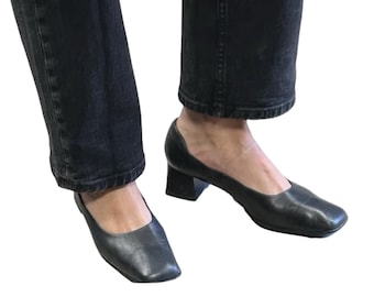 Schwarze Leder Blockabsatz Pumps Karree Klassische Schuhe, EU 39,5
