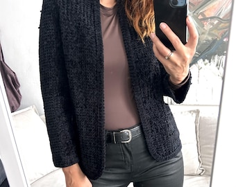 Black Velour textured Open Front Cardigan, 90s Minimal Short Knit Jacket, Size S/M