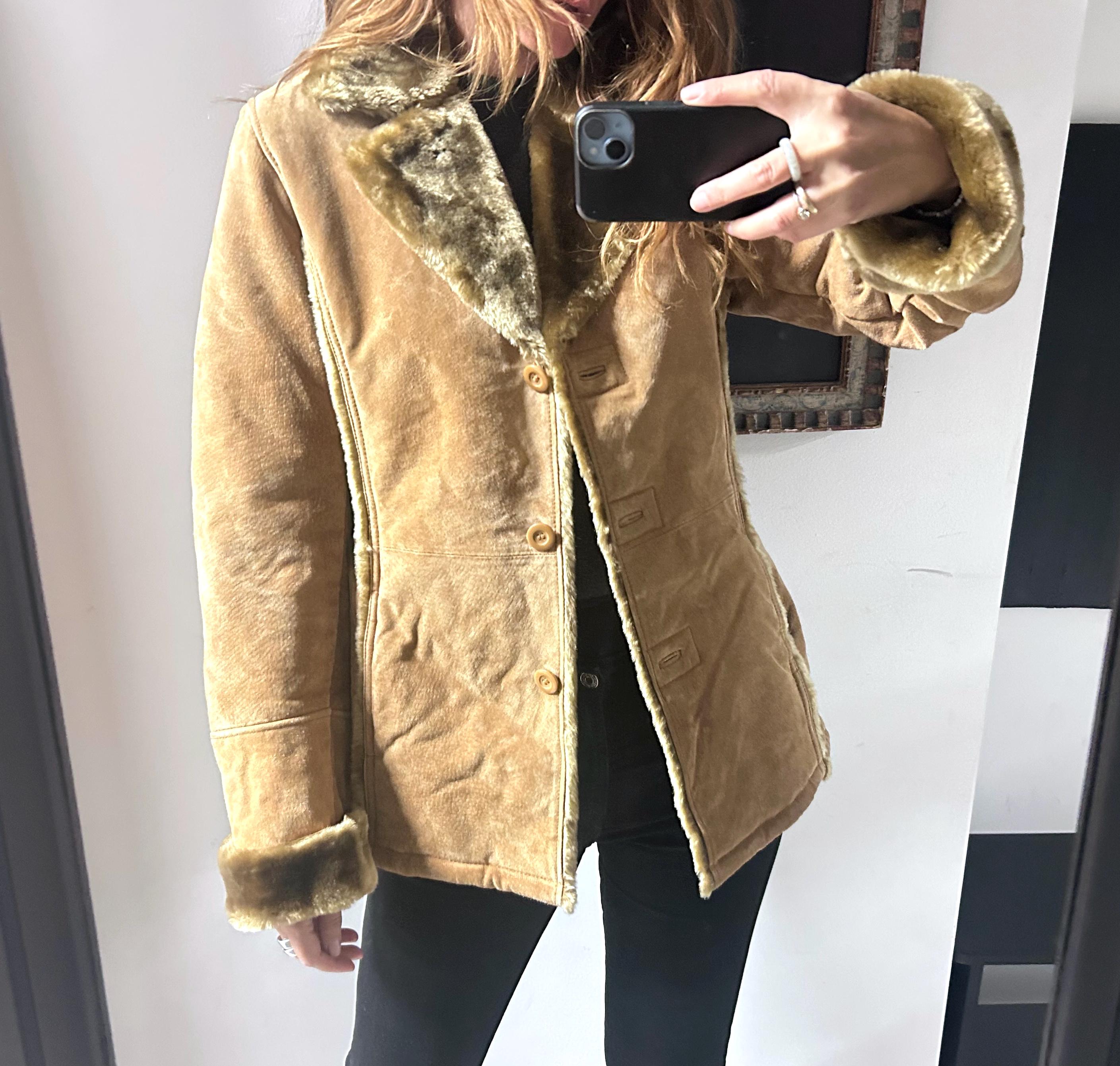 Sherpa Beige Suede Winter Coat With Fur Collar, Boho Warm Boho