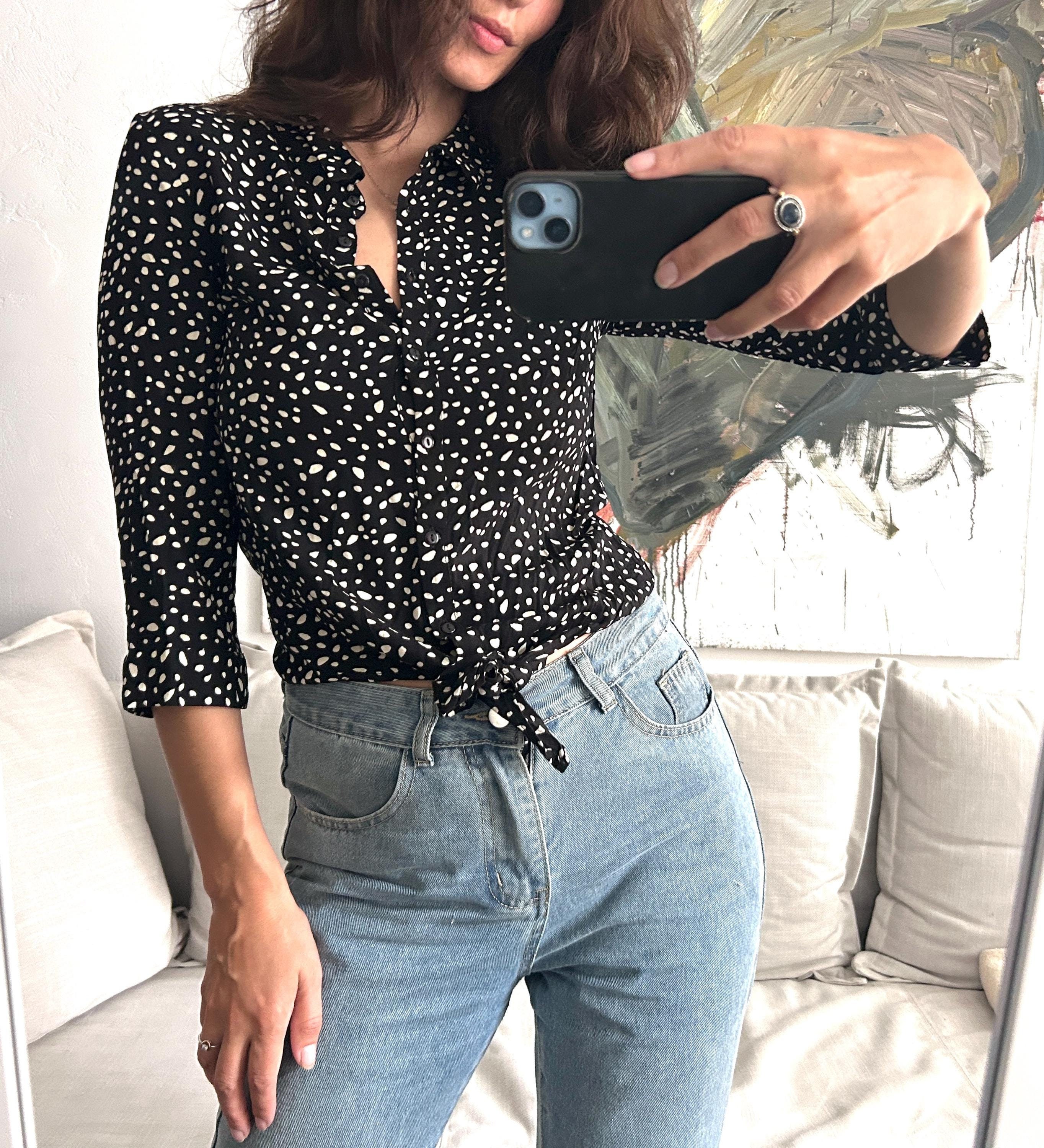 Vintage 90s Viscose Print Blouse - Black Sheer Crop Top XS - Etsy