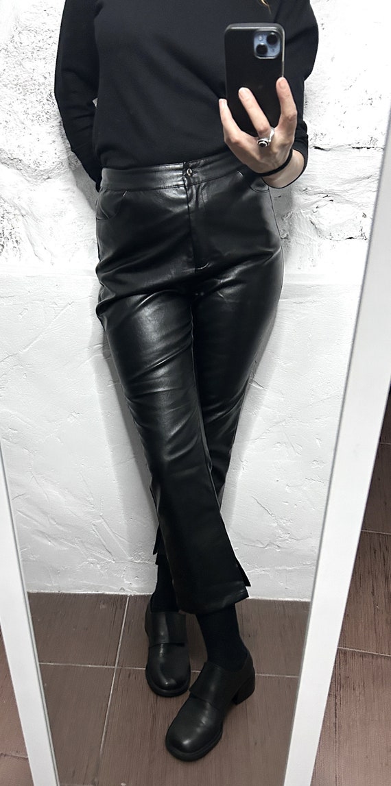 Eco leather Black Pants / Cropped Trousers With S… - image 3