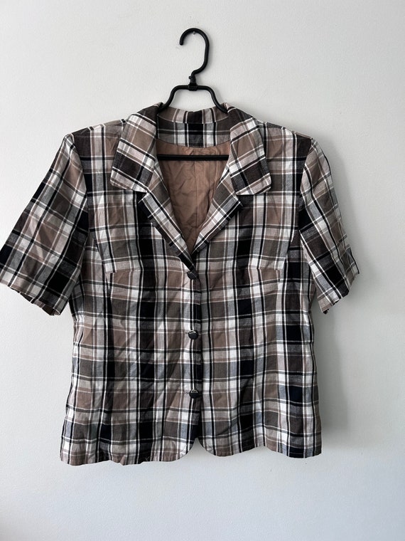 Plaid Retro Jacket With Short Sleeves / Brown Ton… - image 6
