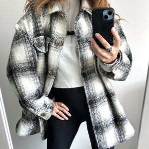 Chaqueta cálida a cuadros blancos y negros, chaqueta informal Bailey, abrigo estilo boyfriend Harrington, talla L/XL