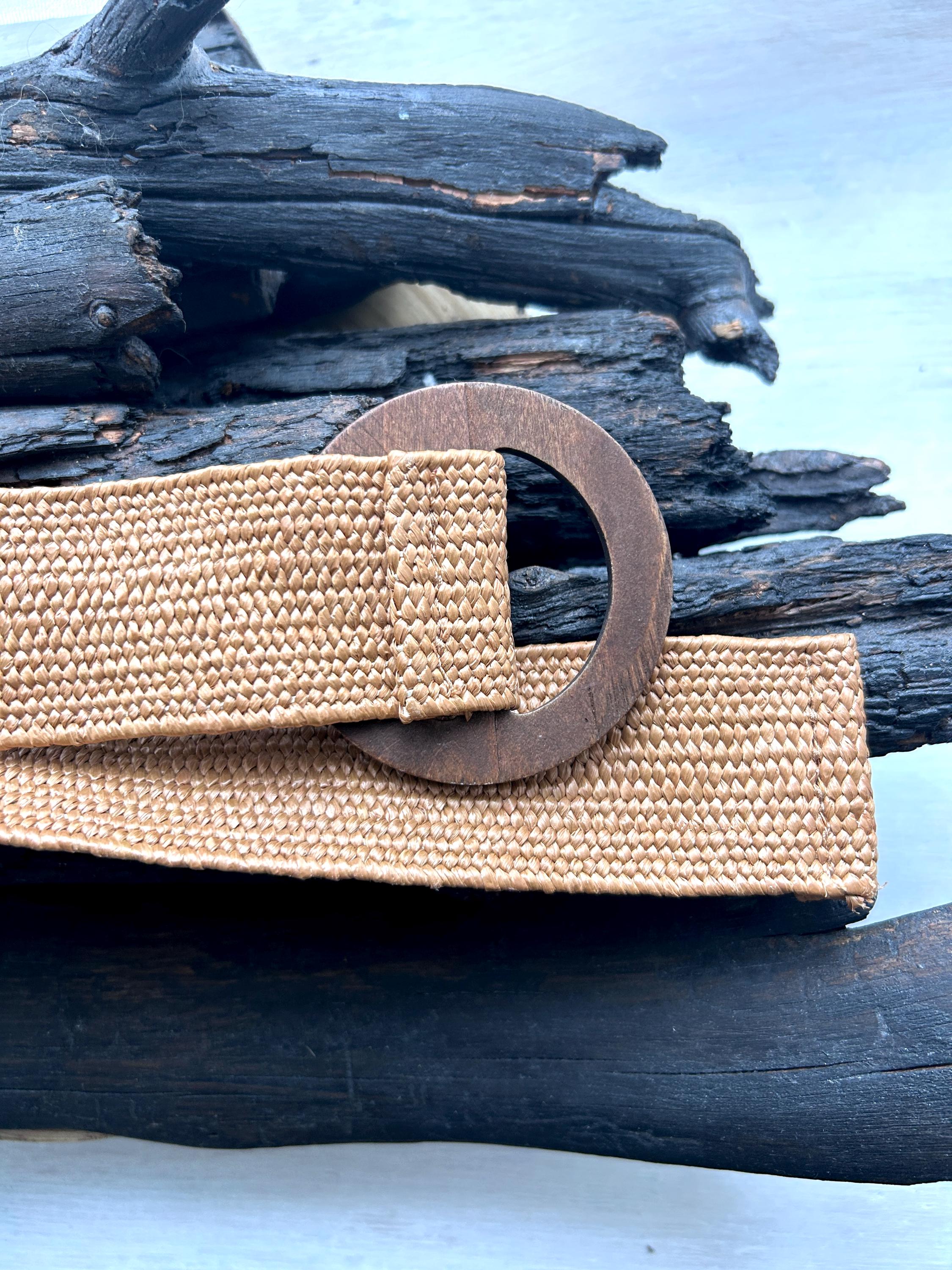 70s Woven Boho Belt: Wide Beige Belt With Wood Buckle - Etsy