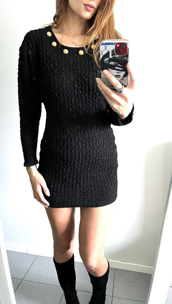 black mini dress with gold buttons Irma Gold Button Knit Mini Dress Black main image 0
