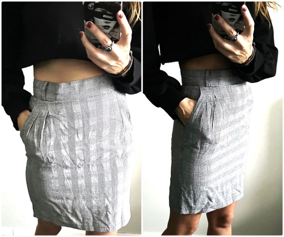 Gray Plaid Mini Pencil Skirt Office Classic Elegant Business