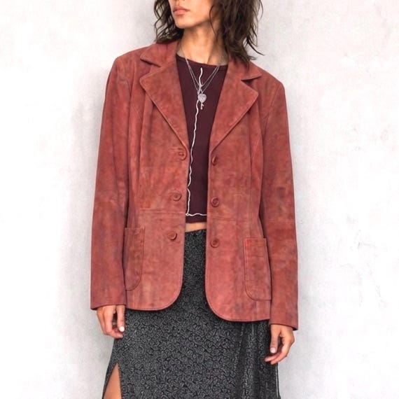 90s Suede Terracotta Classic Jacket, Boho Regular Fit Buttoned Jacket, L