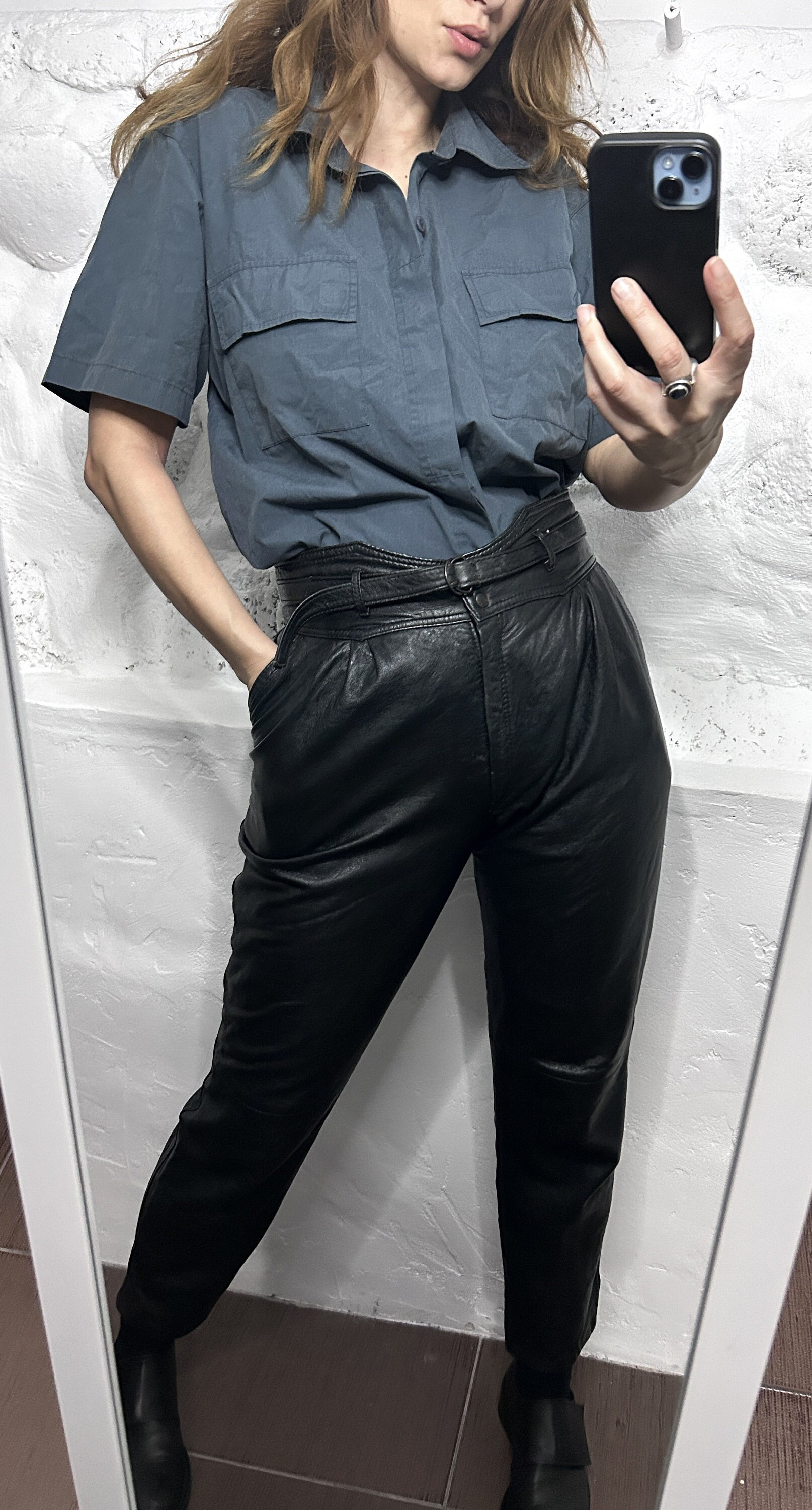 Vintage Indigo Cargo Shirt: Short Sleeve Safari Blouse - Size L