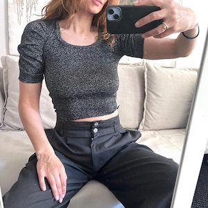 Vintage 90s Metallic Silver Crop Top: Ruffle Sleeves, XS