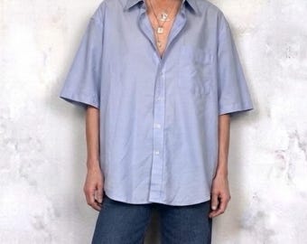 Vintage-blaues, elegantes Baumwollhemd im Boyfriend-Stil mit kurzen Ärmeln, Größe L