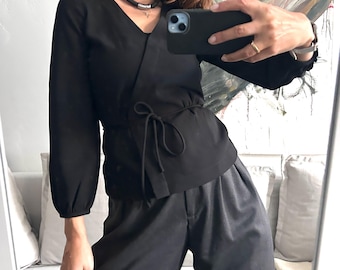 90s Black Waisted Blouse, Wrap Elegant Top, Long Sleeve V-Neck Top, Soft Goth Shirt, S