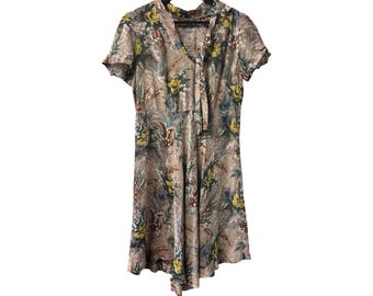 Green Floral Tie Neck Mini Dress, Collared Bow Dress