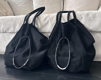 Handmade Black Suede Tote Bag: Boho Goth Shoulder Bag with Necklace
