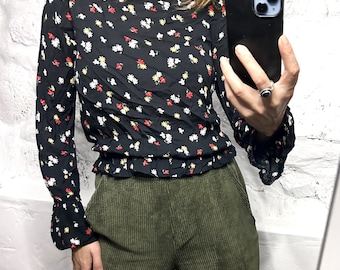 Y2K Black Floral Blouse, Wildflower Print Top, Soft Gothic Pullover Top, Romantic Fashion, XS