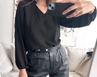 Vintage Black Chiffon Minimal Evening Blouse, V Neck, Long Sleeve Top, Size ada4Large