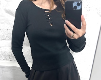 90s Black Knit Top with Strappy Neck,  Long Sleeve Blouse, Size S/M