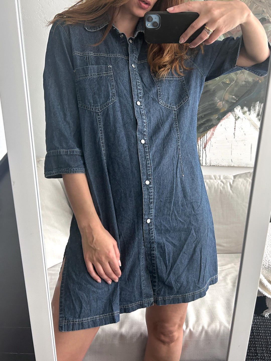 超人気ブティック Shirt Jean Blue Dress Dress Sleeved Half / Dress up Button / ワンピース