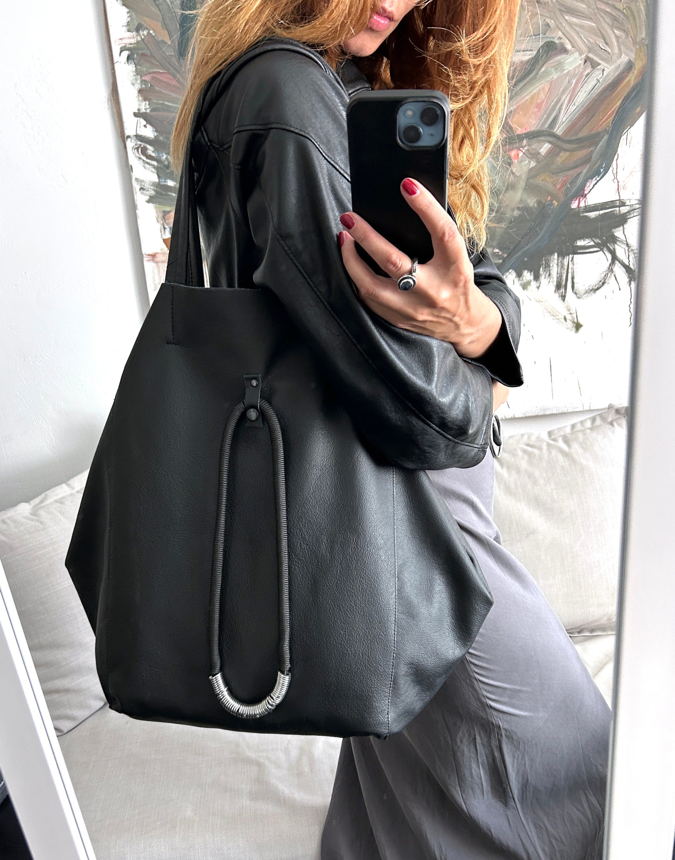 Leather Slouch Bag Black Etsy UK