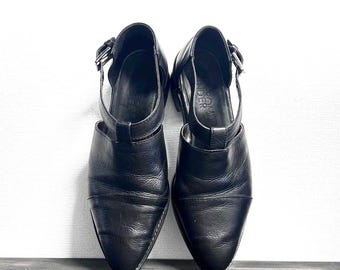 Sandali in vera pelle con intagli, scarpe estive nere con tacco basso e cinturino alla caviglia, EU39 UK6 US8'5