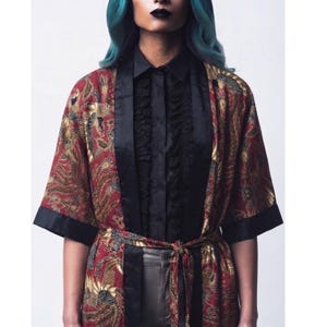Vintage katoenen kimono met bloemenprint, boho-wikkelbadjas, batik ochtendjas/vest, maat XS/S