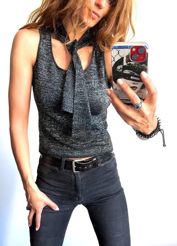 silver tie neck blouse