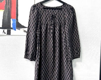 Florales Boho Baumwolle Midi Kleid, Empire Taille Sommerkleid mit Bischof Ärmeln, Größe S