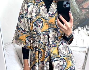Colorful Printed Short Kimono Blouse, Wrapped Boho Wear, Size S