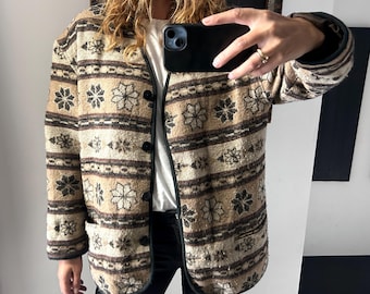 80s Wool Aztec Coat, Warm Boho Geometric Jacket, Oversized Country Duster, Size L