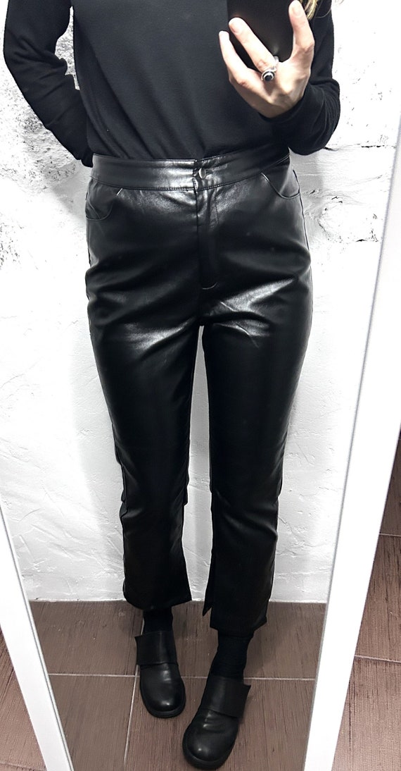 Eco leather Black Pants / Cropped Trousers With S… - image 1