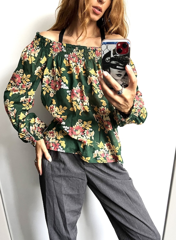 Off Shoulder Blouse / Bishop Sleeve Top / Forest Green