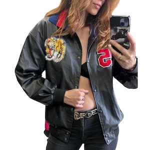 Retro Varsity Kunstleder Jacke, Tiger Patch Bomber, Hip Hop Street Style Mode
