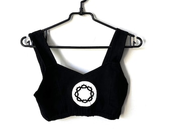 90s Cotton Crop Yoga Bra, Mandala Print Black SportCrop Top , Size S
