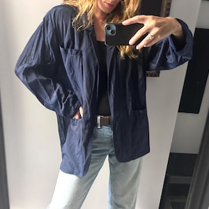 Retro Navy Blue Blazer Jacket / Glossy Classy Jacket / Minimal Blazer / Oversized Blazer / Vintage Woman Blazer / Unlined Jacket - Large