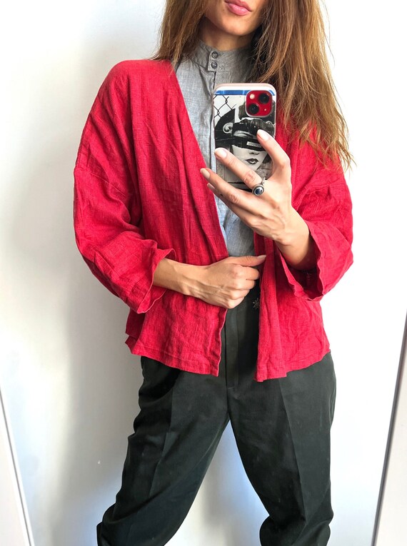 Minimalist Red Linen Jacket / Vintage Ladies Jacke
