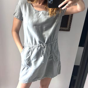 Pastell Leinen Baumwolle Mini Kleid: Tunnelzug in der Taille, Kurze Ärmel - Größe L