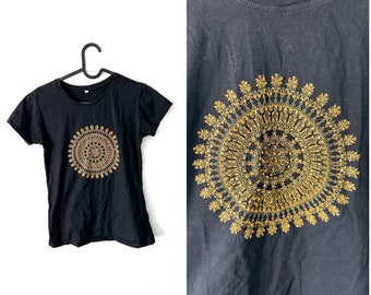 Mandala Yoga T-Shirt / Black Cotton Casual Tee With Yellow Embroidered And Beaded Ornament - S