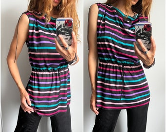 Striped Multicolor Blouse / Blouson Top / Party Summer Top / Fit Waist Blouse - Small