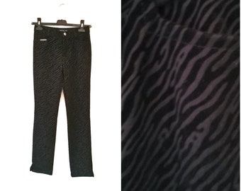 Black Zebra Printed Jeans / 90s Animal Print Pants / Straight Leg Trousers / Velour Pants - XS