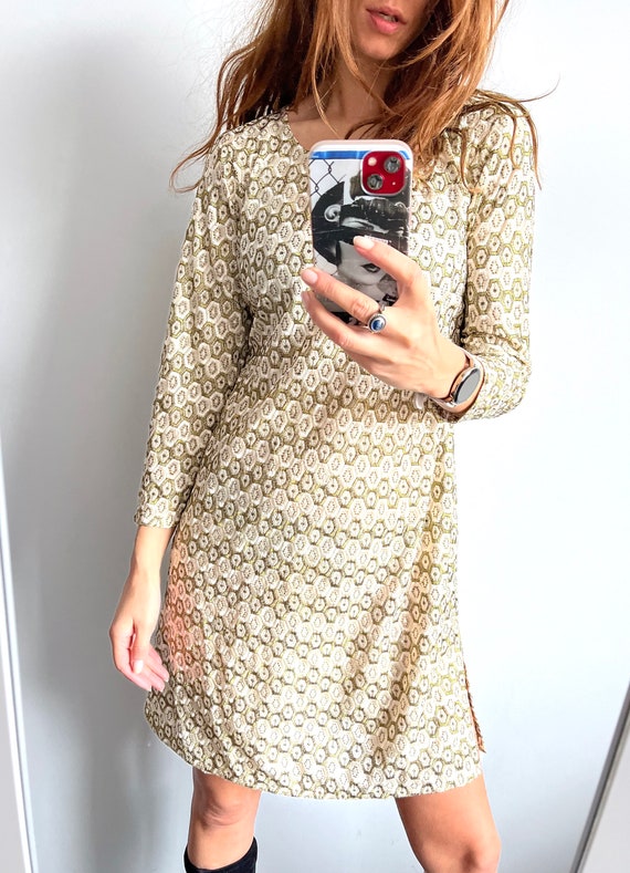 Embroidered Gold Mini Long Sleeved Shift Dress Wi… - image 2