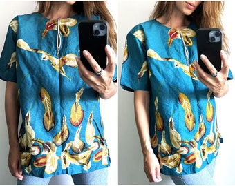 Ocean Blue Fun Print Tunic / Zip Neck Wide Top / Cotton Theater Print Blouse / Boho Summer Wear - Large