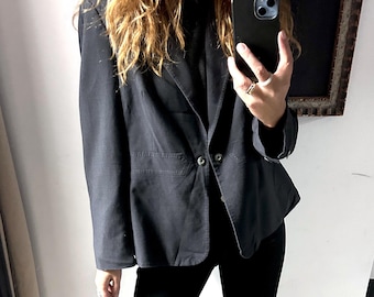 Grijze minimalistische blazer voor dames, kort stijlvol formeel even jack, maat XL/UK20