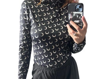 Body con estampado de luna creciente, leotardo de manga larga con cuello alto, moda Y2K, L