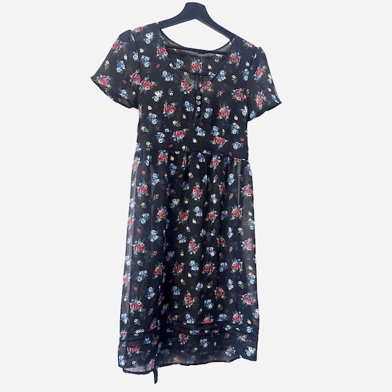 Chiffon Black Floral Mini Casual Dress With Bell Short Sleeve, Size M