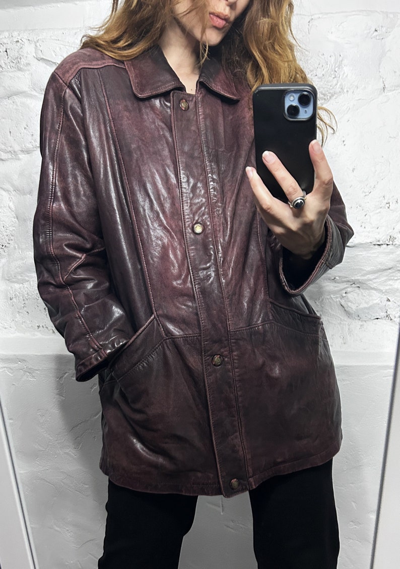 Cappotto sbiadito marrone / Giacca in vera pelle / Giacca in pelle di media lunghezza / Giacca oversize / Giacca Borgogna S M immagine 3
