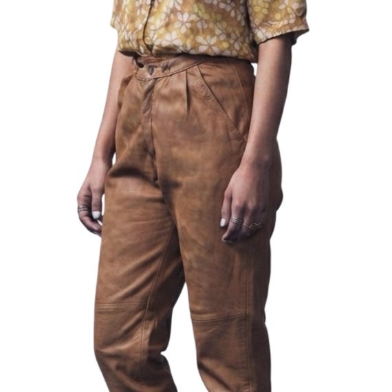 Vintage Brown Leather Pants, High Rise Boho Trousers, Country, Casual, Western Fashion, XS