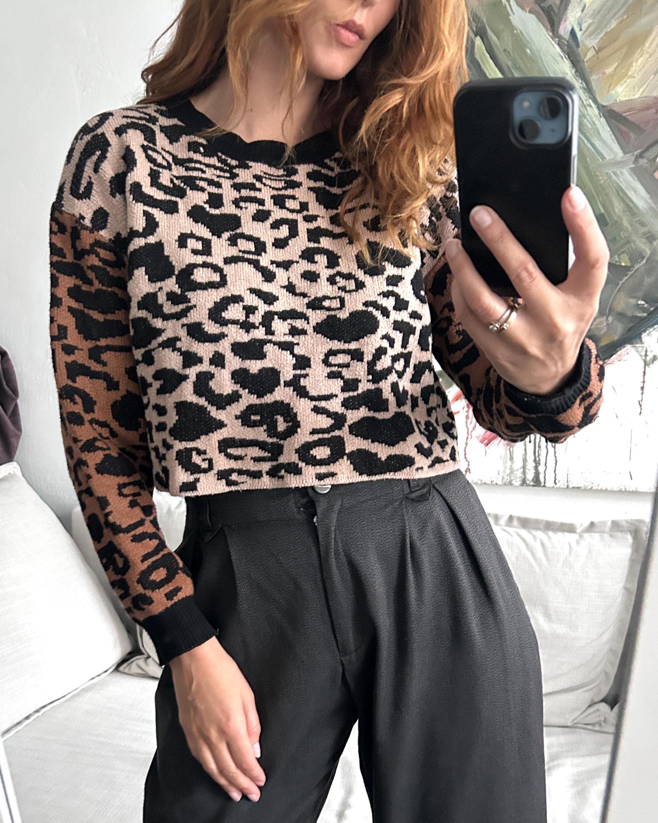 Crop Animal Print Pullover, Knit Versatile Sweater, Long Sleeved
