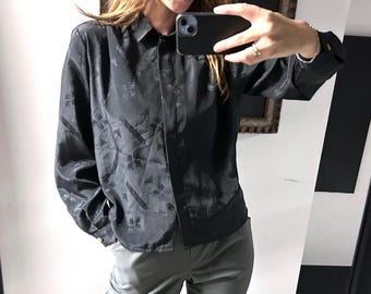 80s Satin Black Elegant Blouse, Monochrome Geometric Pattern Top, Gothic Fashion, Size S