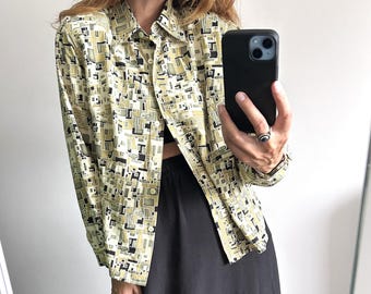 80s Novelty Geometric Print Blouse,  Pastel Green Shirt, Size L-XL