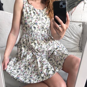 White Cotton Floral Dress: Sleeveless Summer Tea Dress - S/M