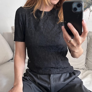 Black Lace Blouse: Embroidered Short Sleeve Gothic Top - Size M